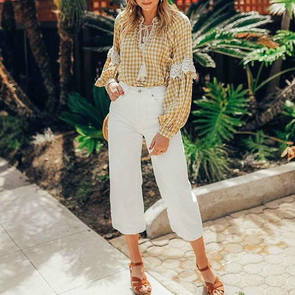 🔴 Mustard Yellow Gingham Plaid Boho Peasant Top - Picture 3 of 8